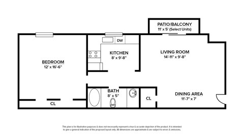 Floor plan for 1 bed, 1 bath, 700 sqft